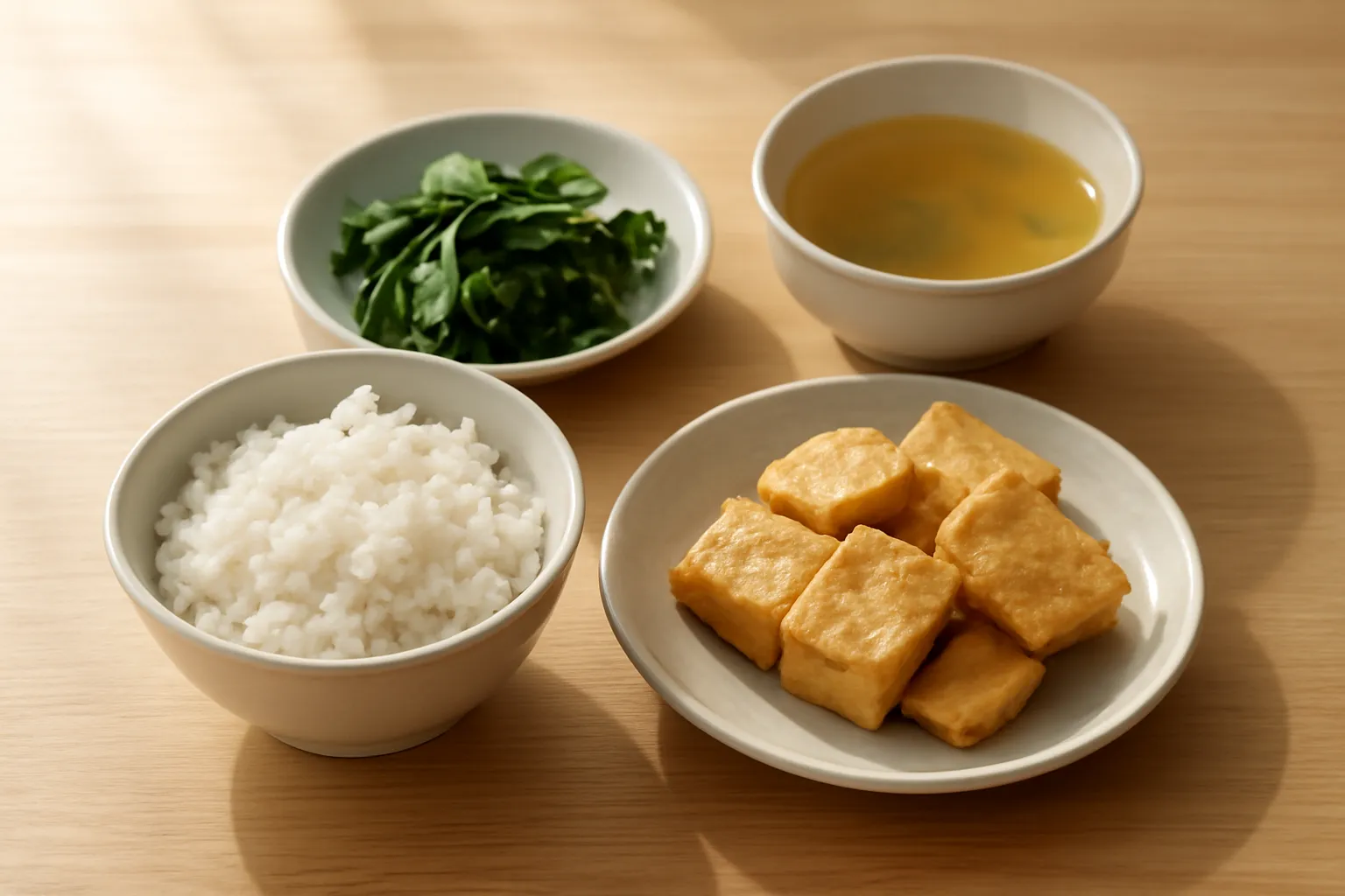 Bàn ăn dọn xong với bát cơm, đĩa rau luộc, đĩa đậu hũ chiên và bát canh