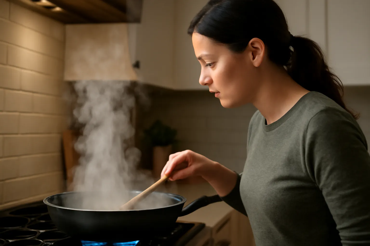 Chảo đang xào với hơi bốc lên, người nấu nhìn chăm chú vào chảo