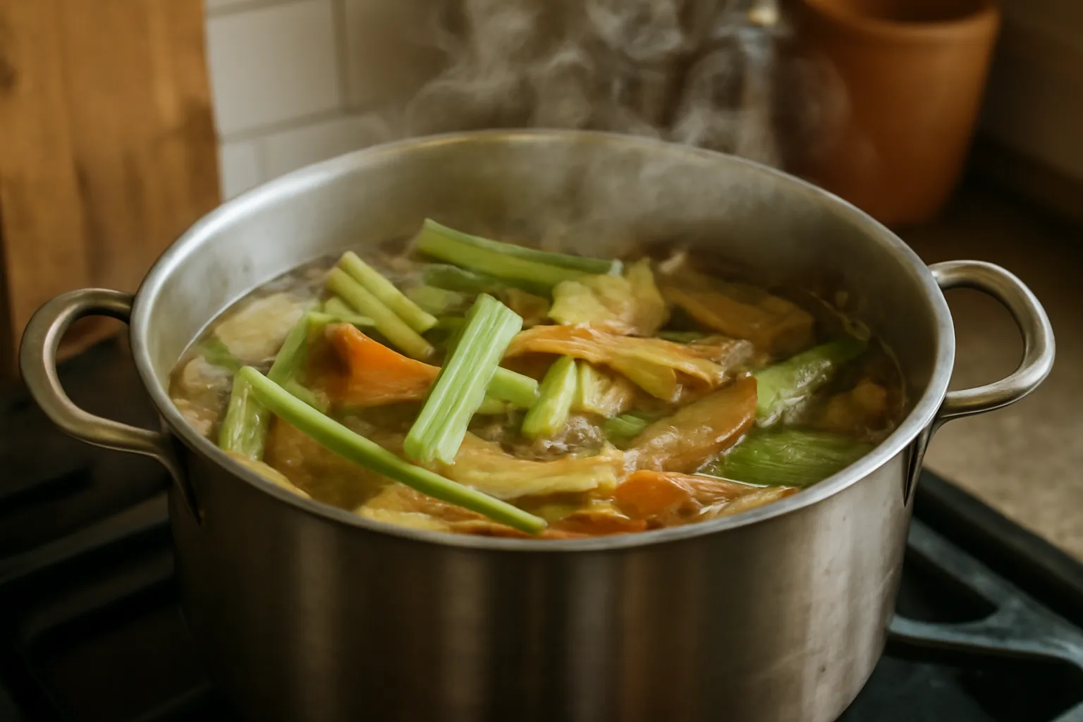 Nồi nước dùng đang nấu với cọng rau và vỏ củ nổi lên mặt