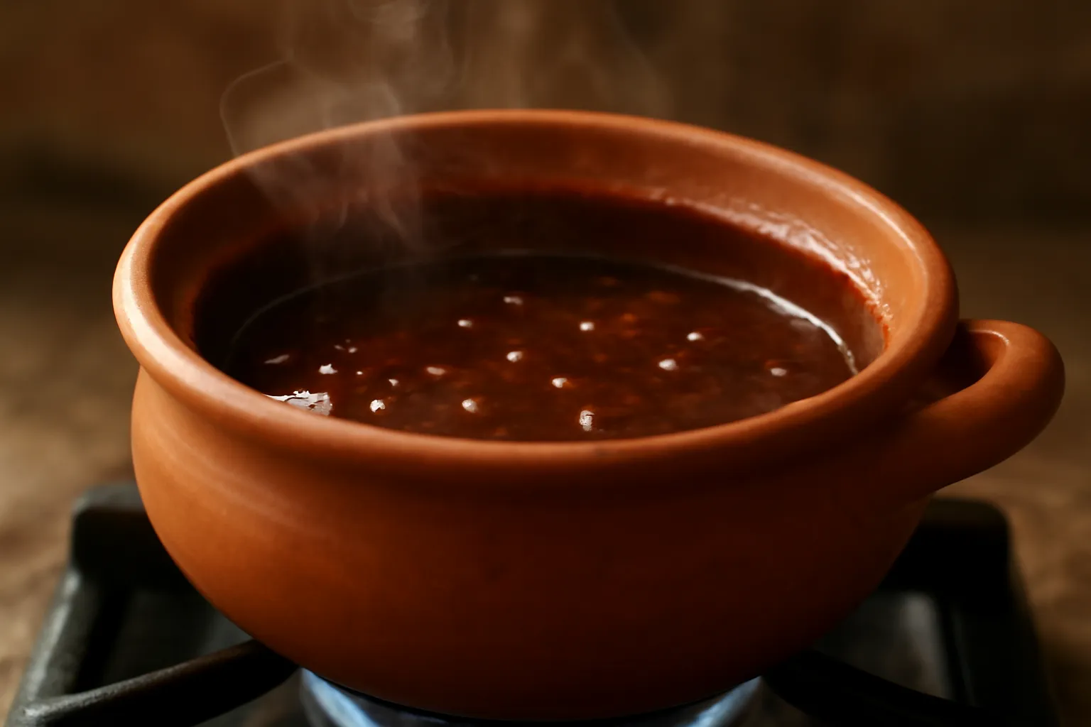 Nồi đất đang kho trên bếp lửa nhỏ, nước kho sánh lại