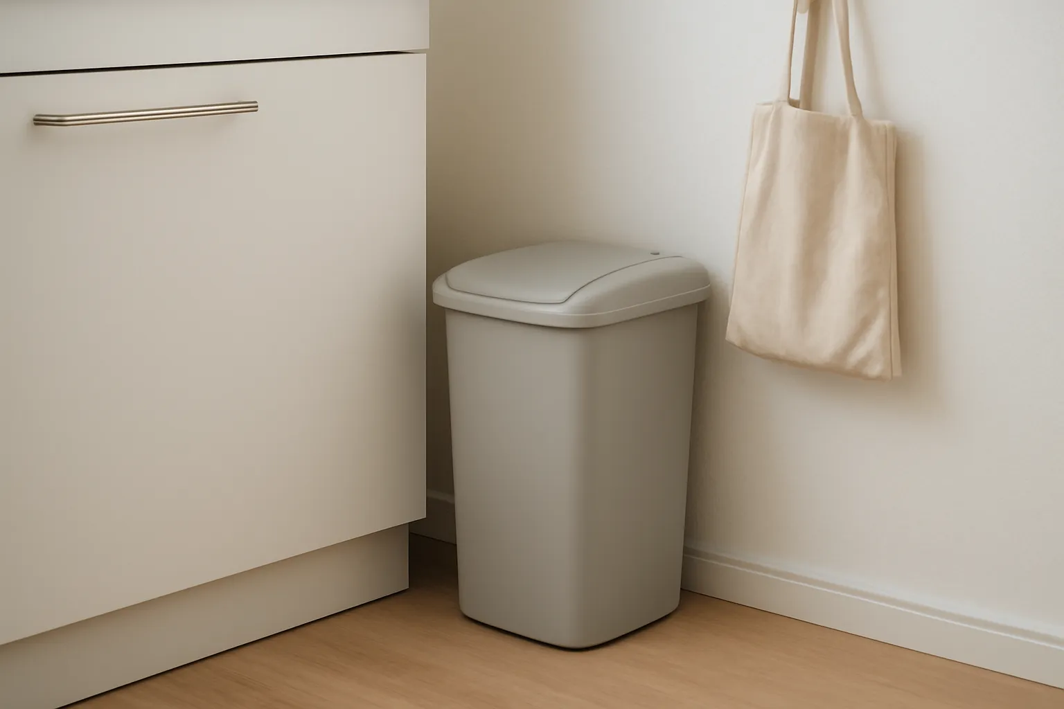 Thùng rác bếp có nắp đặt gọn cạnh tủ với túi vải treo bên cạnh